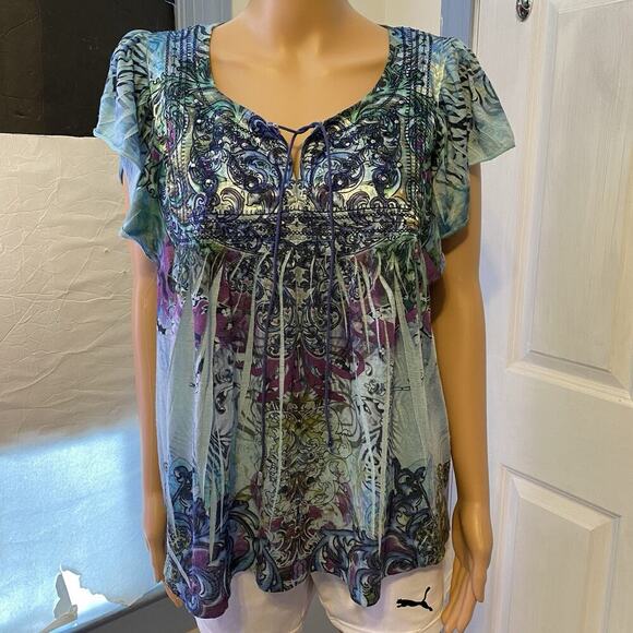 Vintage Y2K Top Blouse Size 1X Lace Back Green Forest Fairy Studded Flutter Slv - Picture 1 of 5